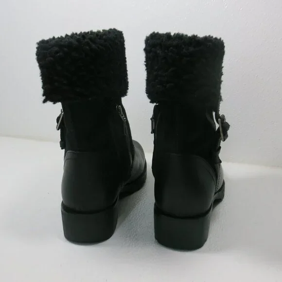 UGG Australia Black Bellevue 1914 Leather Shearling Zip Fold Over Moto Boots 7 - Picture 6 of 8